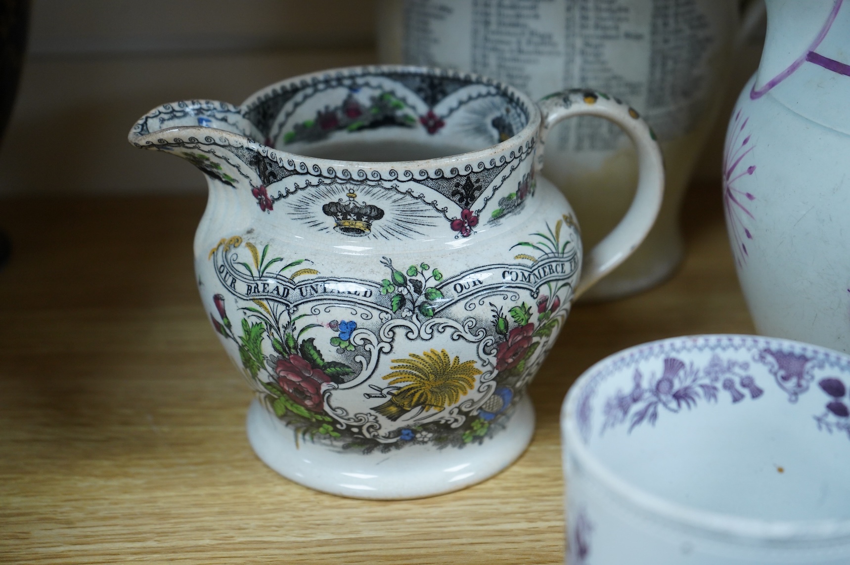 Eleven early to mid 19th century jugs, mugs and plates, all with transfer printed commemorative themes including Gladstone as Prime Minister, Queen Victoria‘s 1887 Jubilee, the Bidston Lighthouse Signals, Lord John Russe